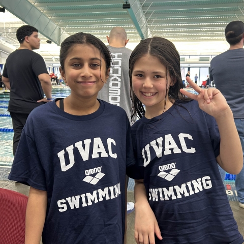 UVAC Swimmers Diya Naren and Saya Brown at the 2025 10 And Under Championship Meet